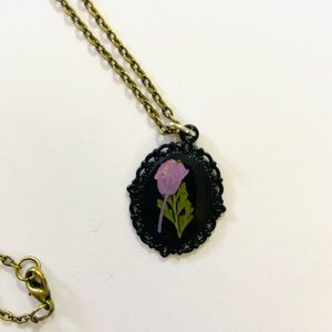 Tiny Violet flower in black bezel necklace